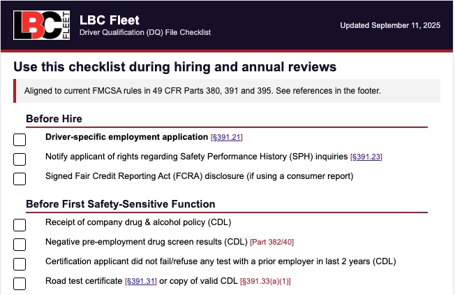 Driver qualification file management checklist and requirements