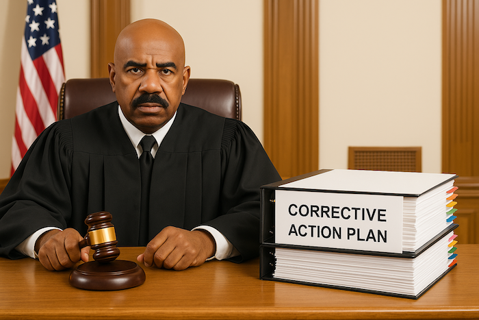 Judge reviewing case versus comprehensive corrective action documentation