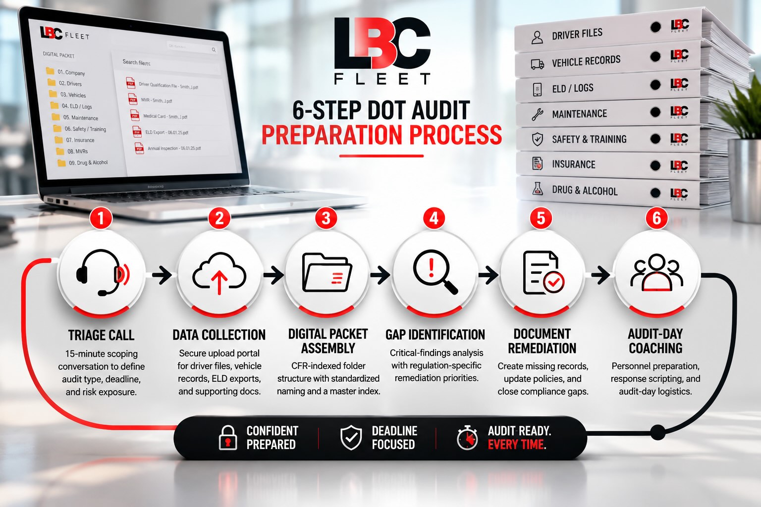 DOT audit preparation documents organized for an FMCSA compliance review
