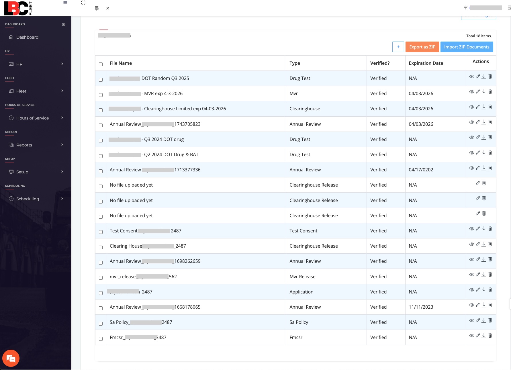 LBC Fleet driver qualification management dashboard showing document verification and expiration tracking