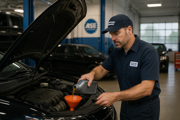 Fleet maintenance costs - skilled automotive technician performing routine oil change that increases fleet maintenance costs when done in-house