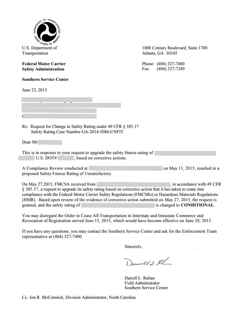 Official FMCSA letter approving safety rating change from Unsatisfactory to Conditional