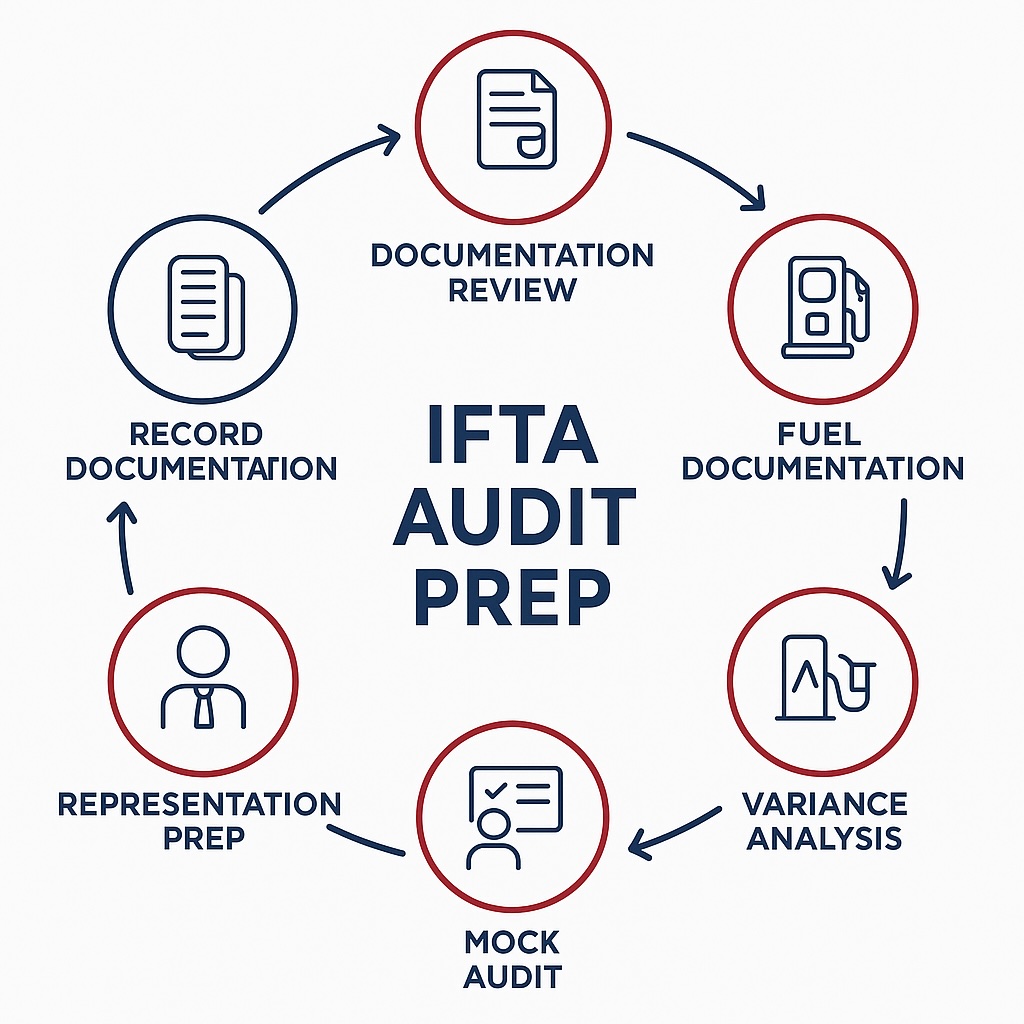 Circular diagram showing 6 IFTA audit preparation steps: Documentation Review, Record Reconciliation, Fuel Documentation, Variance Analysis, Mock Audit, and Representation Prep with connecting arrows