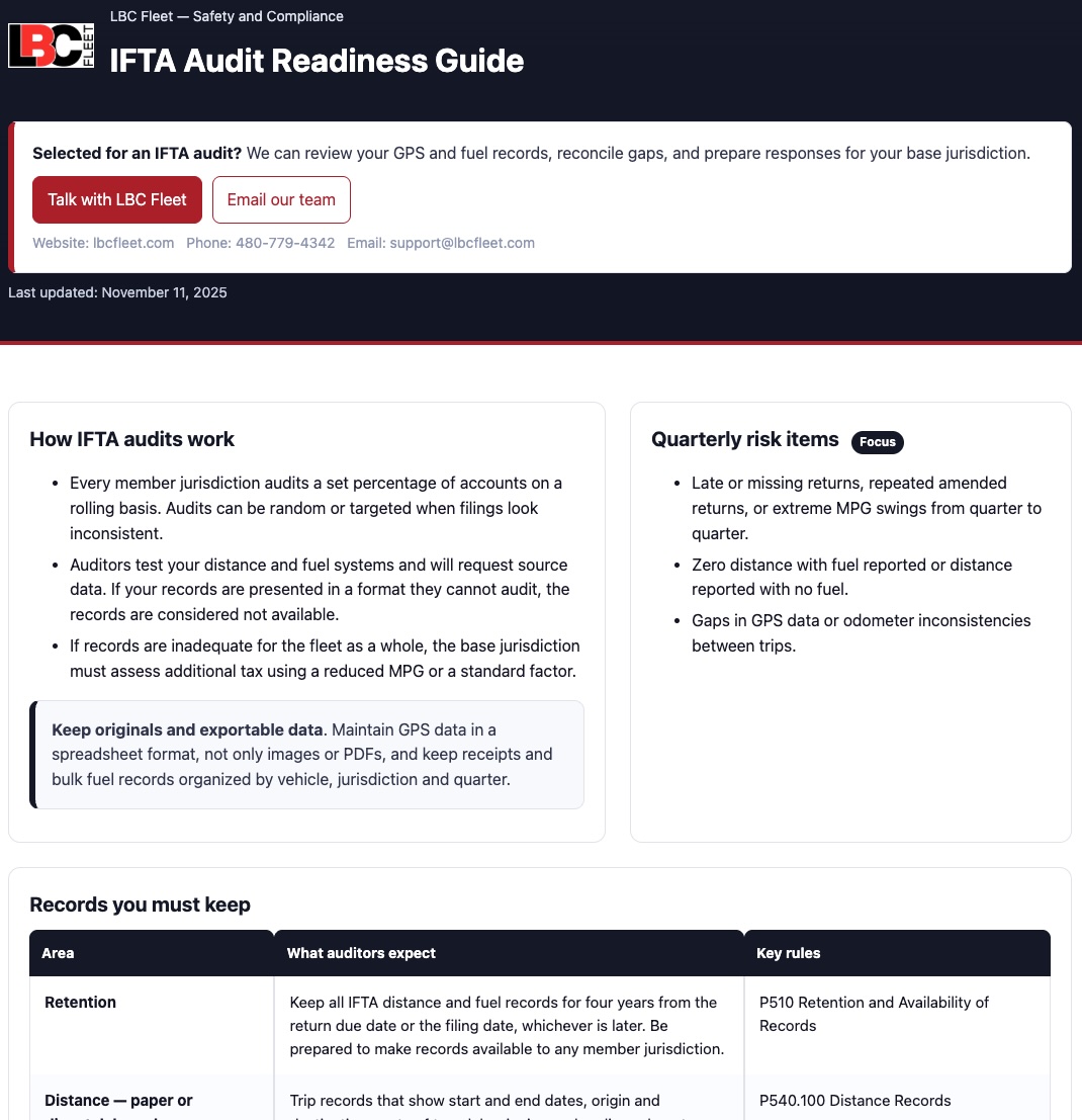 LBC Fleet IFTA Audit Readiness Guide screenshot showing comprehensive checklist with professional branding, detailed audit preparation topics, and expert resource layout