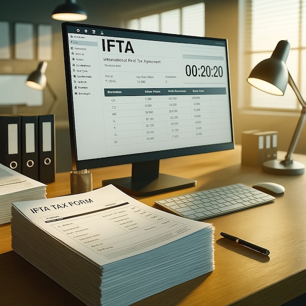 Professional IFTA audit consultant reviewing organized compliance documents with confident expression, clean desk setup with GPS data and fuel receipts properly arranged