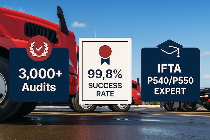 Professional achievement display showing 3,000+ audits supported badge, 99.8% success rate certificate, and IFTA P540/P550 expertise credentials