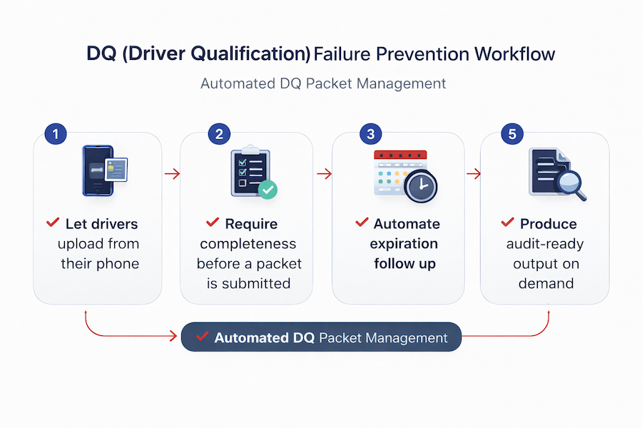 DQ file failure prevention visual showing a workflow that prevents missing documents and expirations