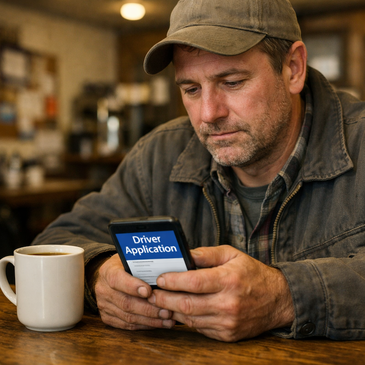 Driver completing a digital application on a smartphone as part of the hiring workflow