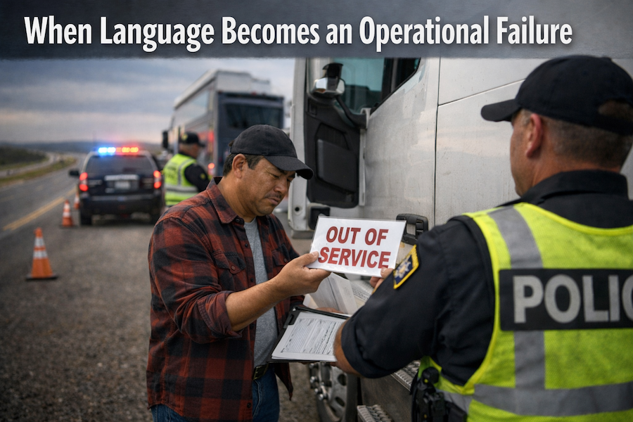 Officer handing a truck driver an out of service notice for not speaking English