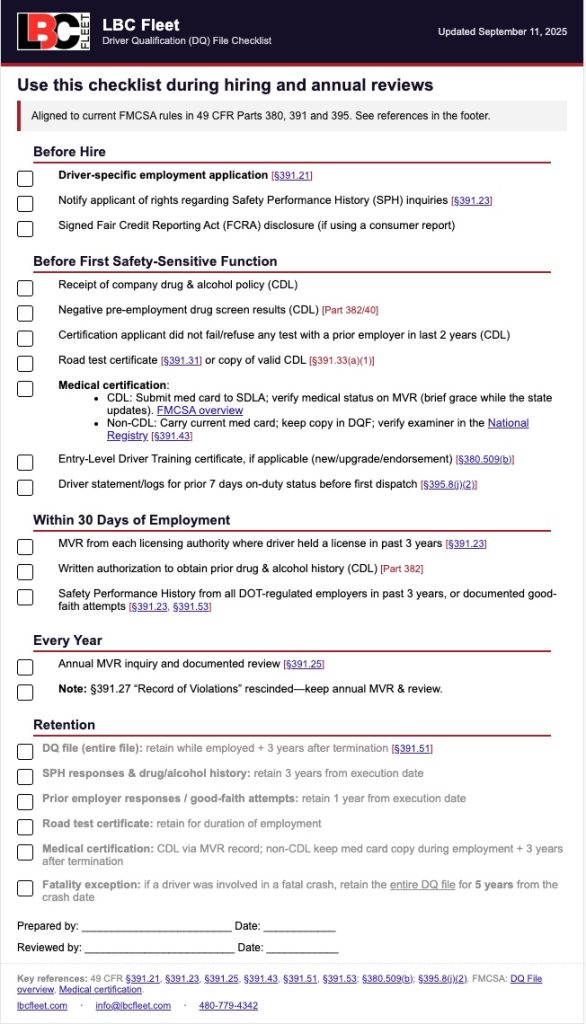 driver qualification file checklist FMCSA