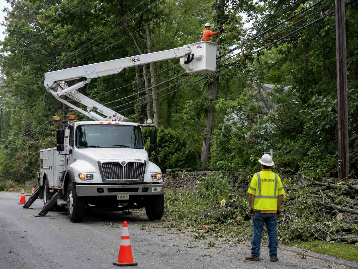 Fleet management for electrical companies — commercial bucket truck on power lines