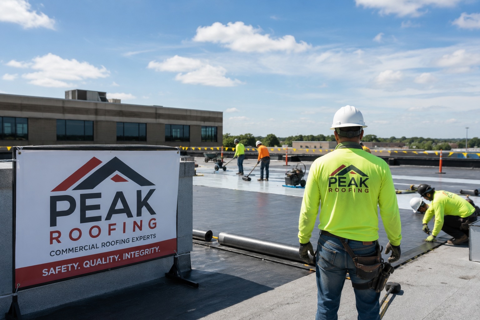 Commercial roofing fleet at an active commercial roofing project