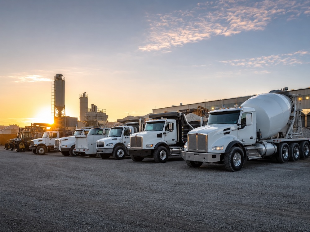 Fleet management for construction companies — construction trucks staged at the company yard