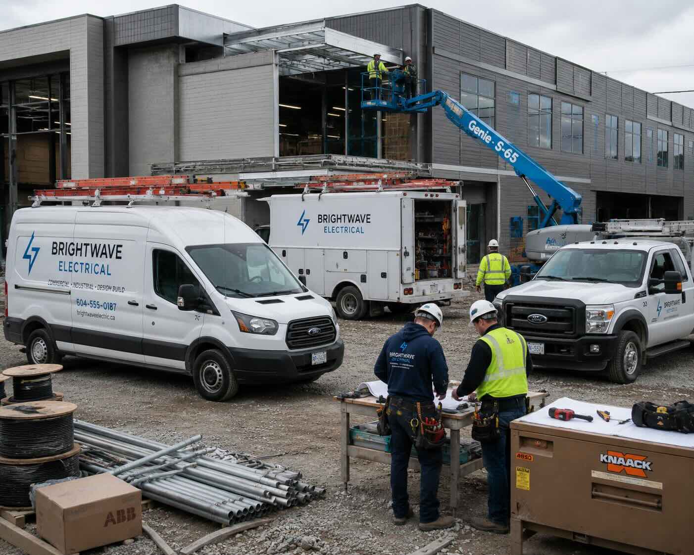 Electrical fleet vehicles staged at a commercial installation