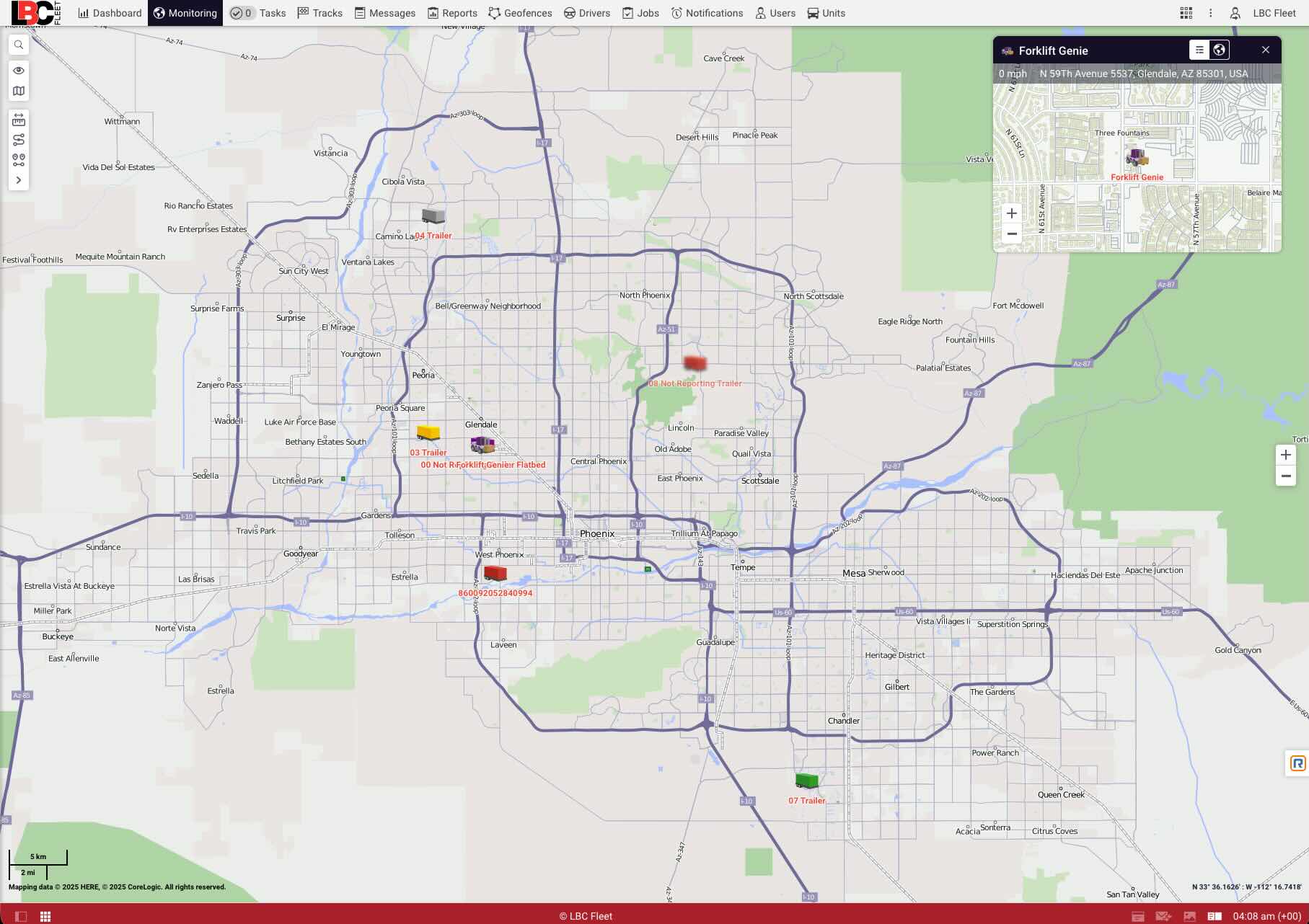 Live monitoring view in the LBC Fleet GPS portal with fleet groups and map
