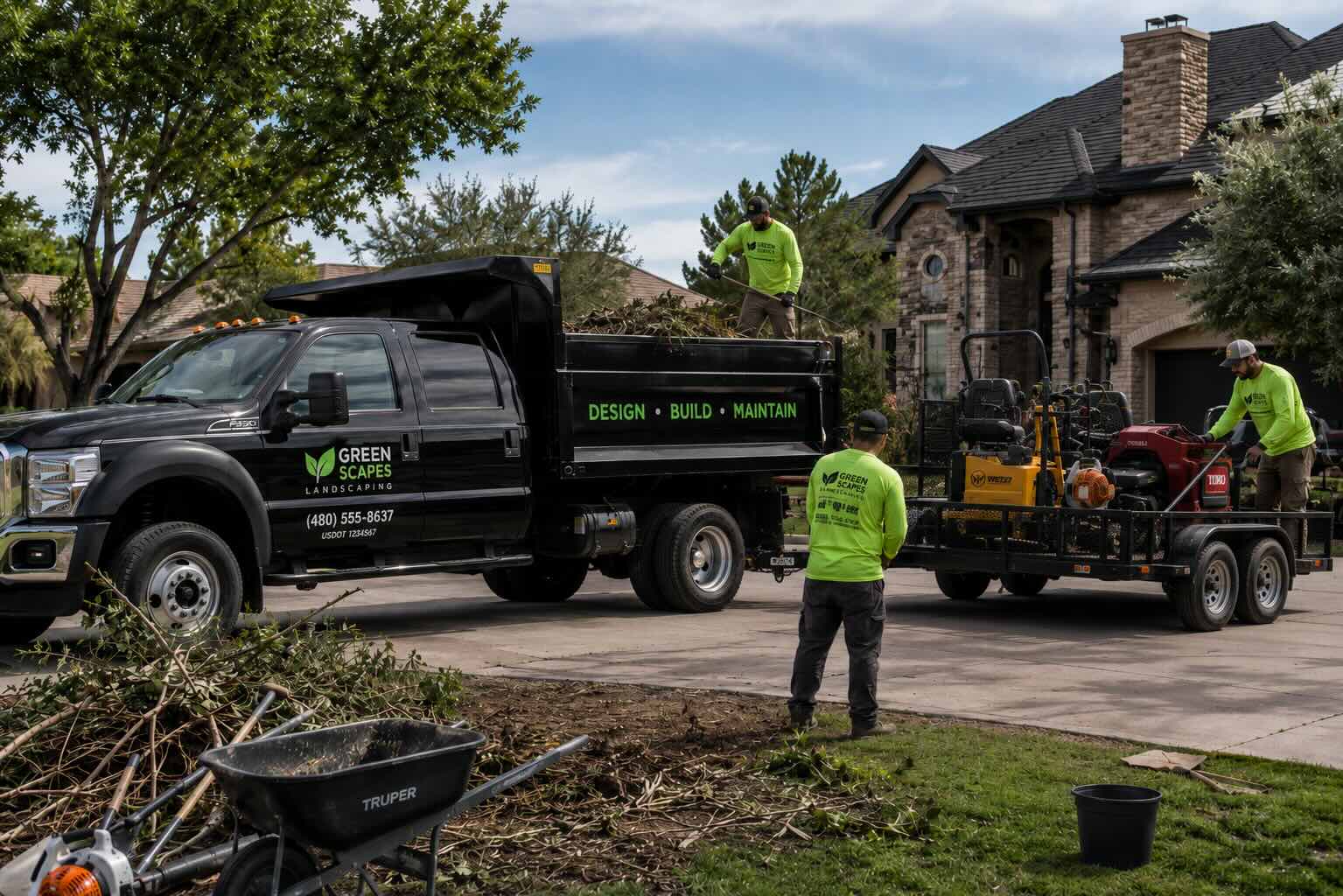 Landscaping crew loading equipment onto a trailer at a job site