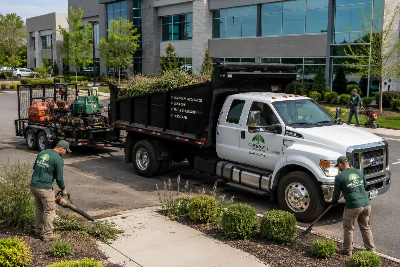 Landscaping equipment staged at a commercial property during service