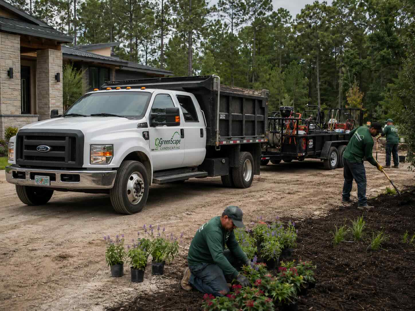 Fleet management for landscaping companies — truck pulling a loaded equipment trailer