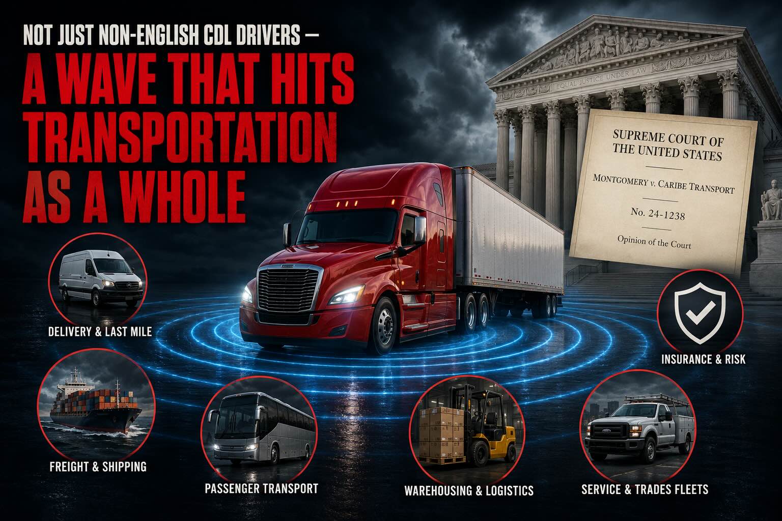 Editorial illustration showing the Supreme Court Montgomery v. Caribe Transport ruling impacts freight, passenger transport, warehousing, delivery, service fleets, and insurance