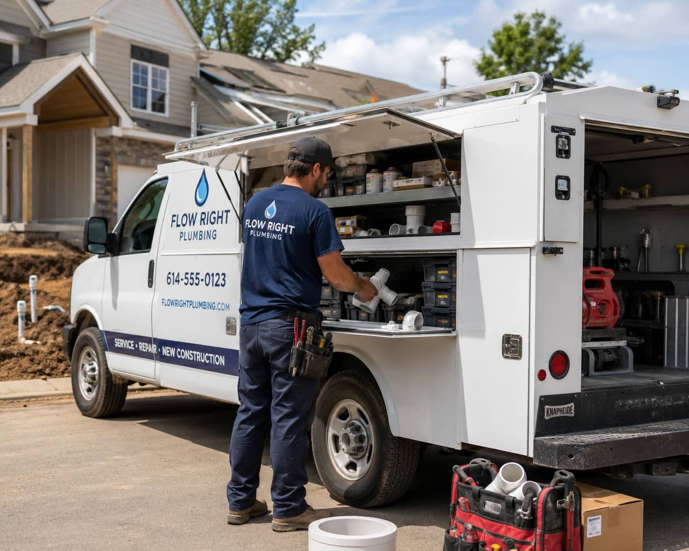 Plumber loading materials or working at a utility-bed service truck