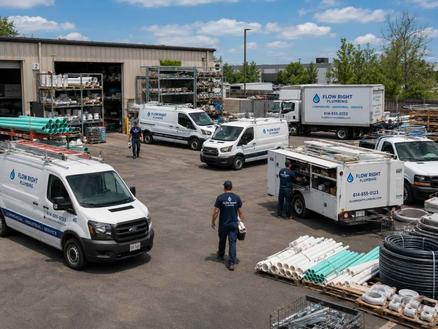 Fleet management for plumbing companies in action — plumbing service fleet staged in company yard