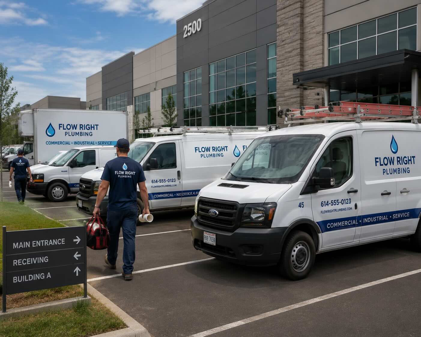 Plumbing service vehicles at a commercial job site