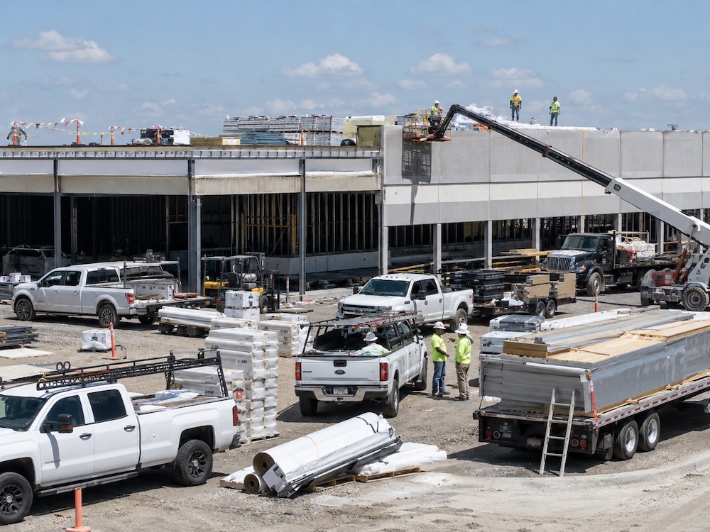 Fleet management for roofing companies — commercial roofing fleet trucks staged at a job site