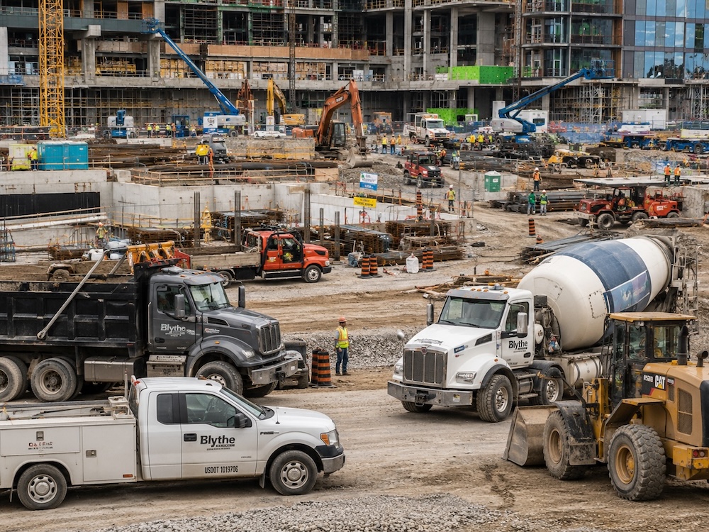 Fleet management for construction companies in action at a commercial construction site