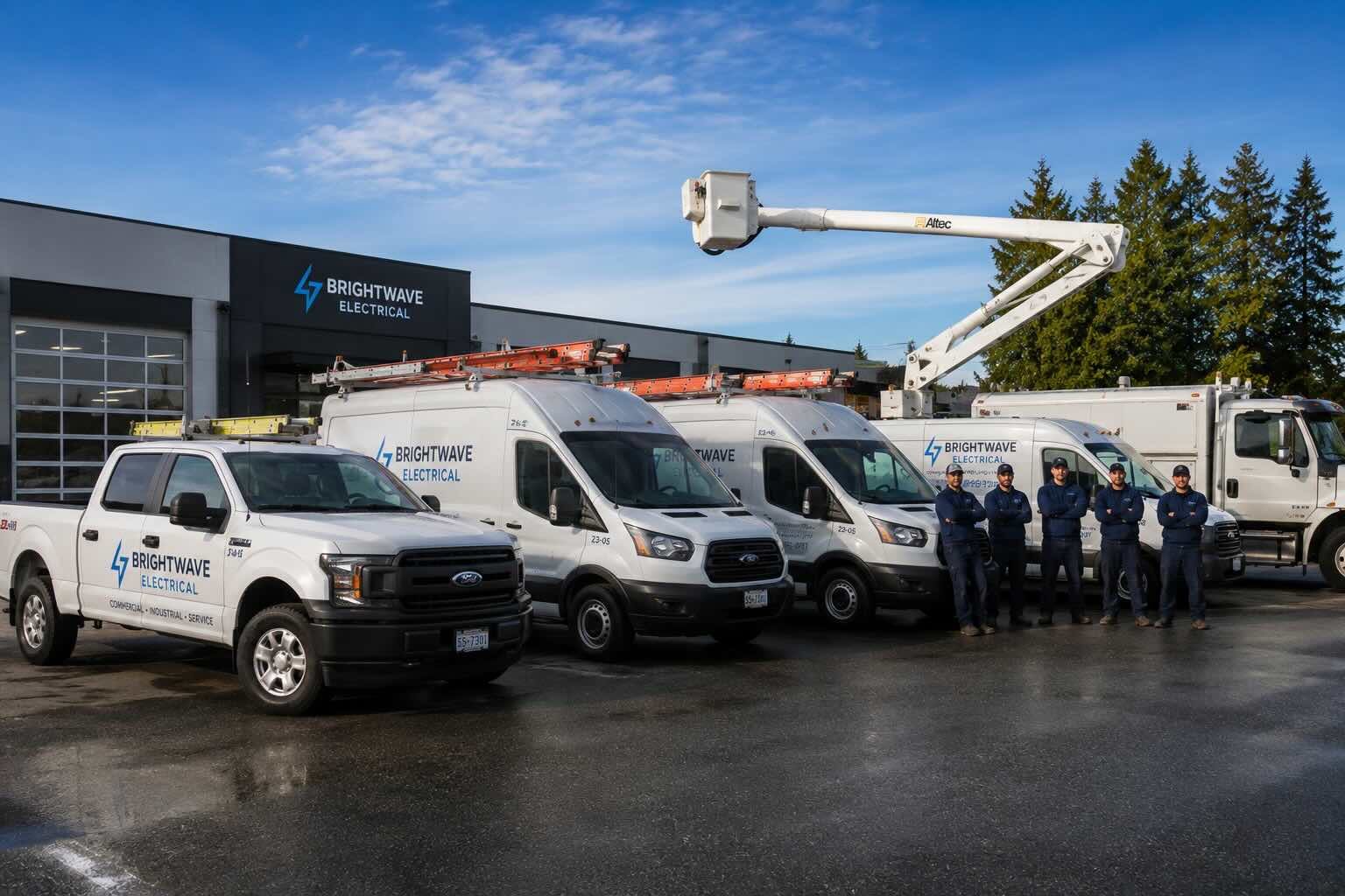 Fleet management for electrical companies in action — electrical fleet staged in company yard