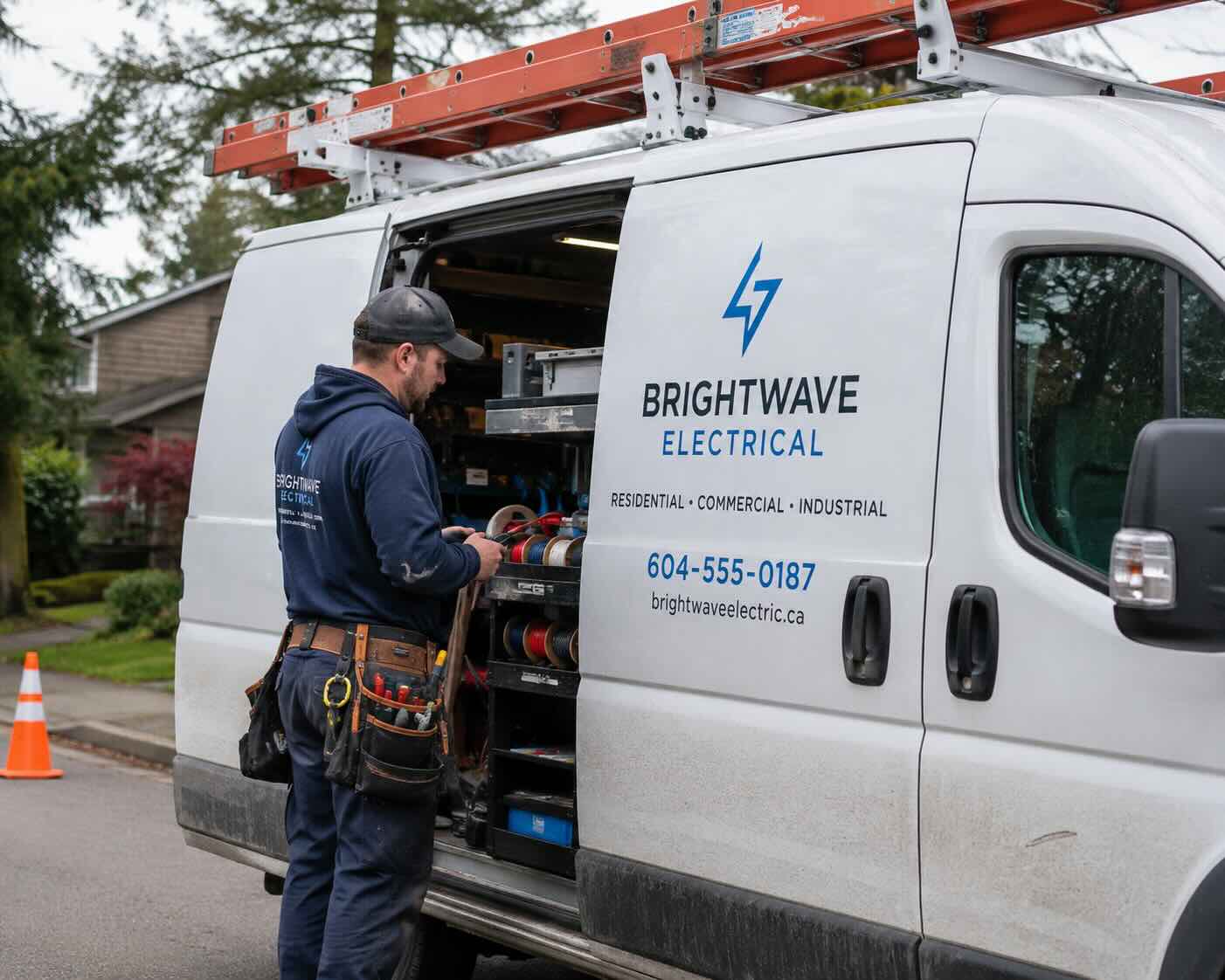 Electrician working at the back of a service van during a job