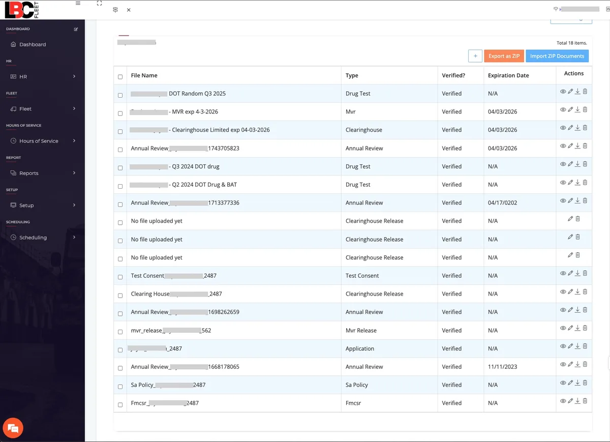 LBC Fleet DOT compliance automation software dashboard with driver qualification file tracking