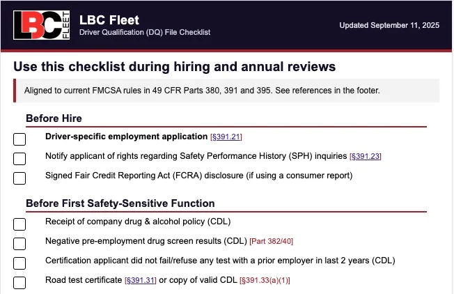 DQ file checklist showing required FMCSA documentation