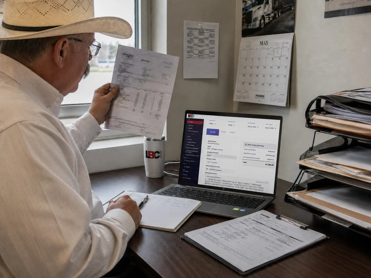 Fleet manager reviewing software dashboard at desk