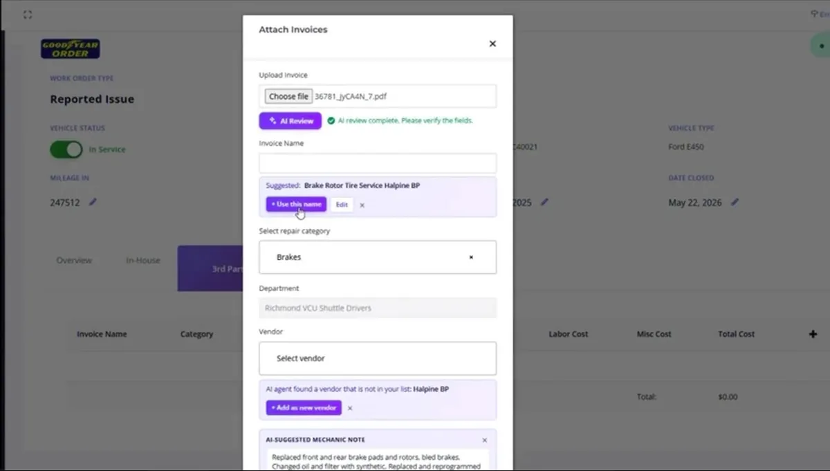 LBC fleet management software AI invoice processing modal with populated vendor data, suggested repair category, and cost line items