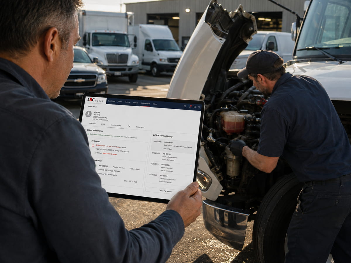 Fleet manager and mechanic reviewing a DVIR defect and work order beside a vehicle in the yard