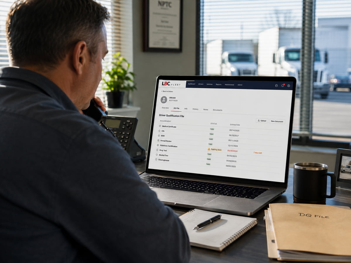 Fleet compliance manager reaching for the phone after software flags an expiring driver document