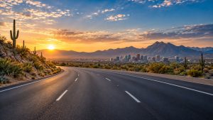 Empty three-lane highway curving left toward the Phoenix skyline and mountains at sunrise, with saguaro cactus beside the road.