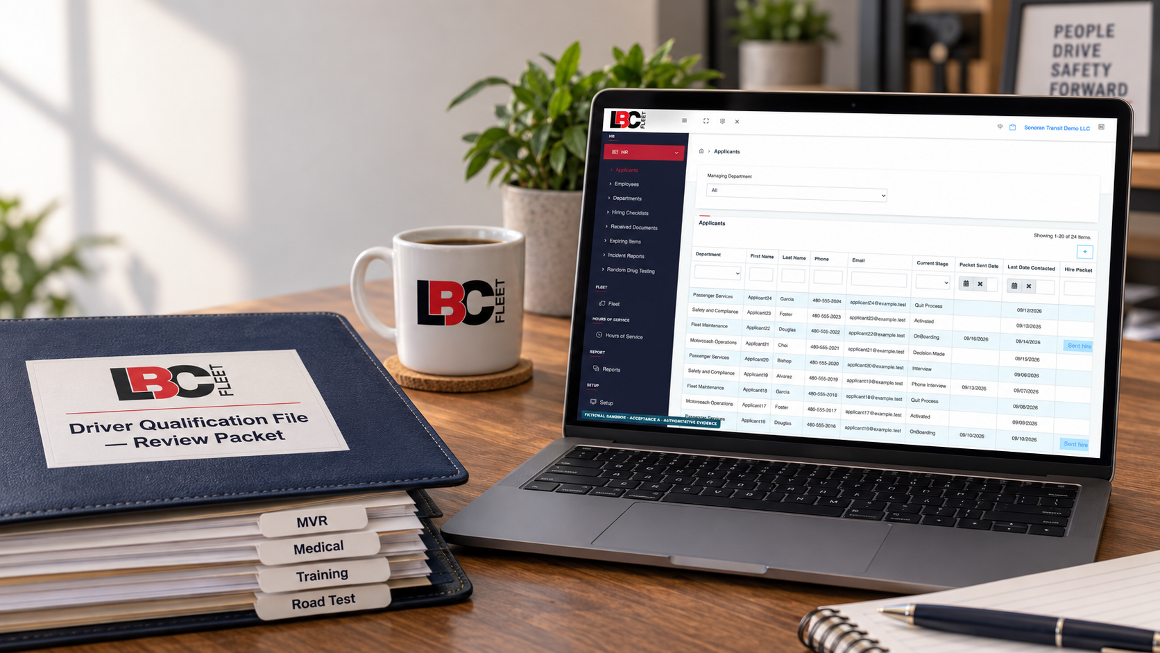 LBC Fleet Applicants screen in the fictional Acceptance A sandbox beside a clearly labeled Driver Qualification File review packet with MVR, Medical, Training, and Road Test tabs.
