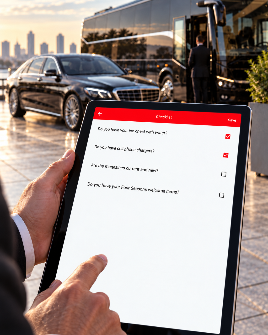 LBC Fleet customizable vehicle checklist shown on an iPad beside a luxury sedan and motorcoach; illustrative composite using a Flutter sandbox screen