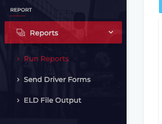 LBC Fleet software sidebar with Reports expanded to Run Reports, Send Driver Forms, and ELD File Output